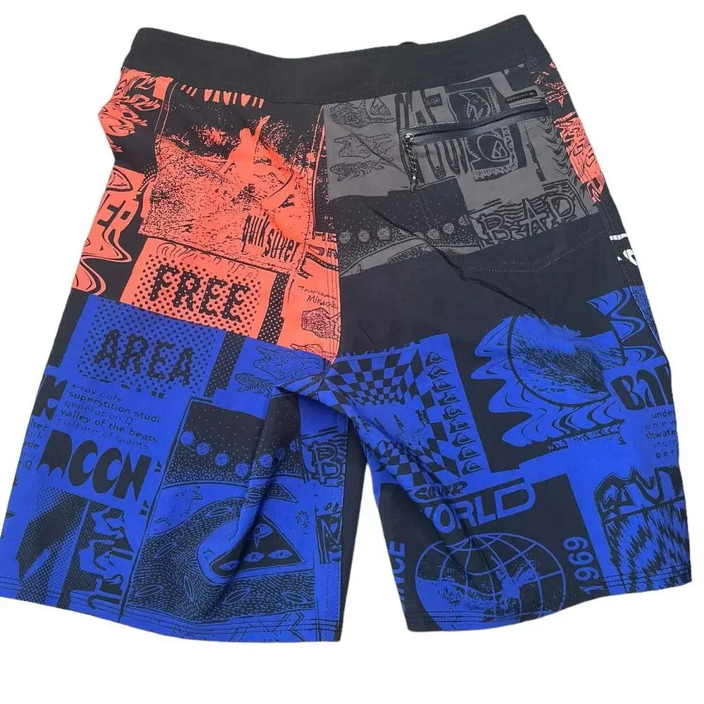 Quiksilver High Line stretch newsprint blue orange black board shorts size 28